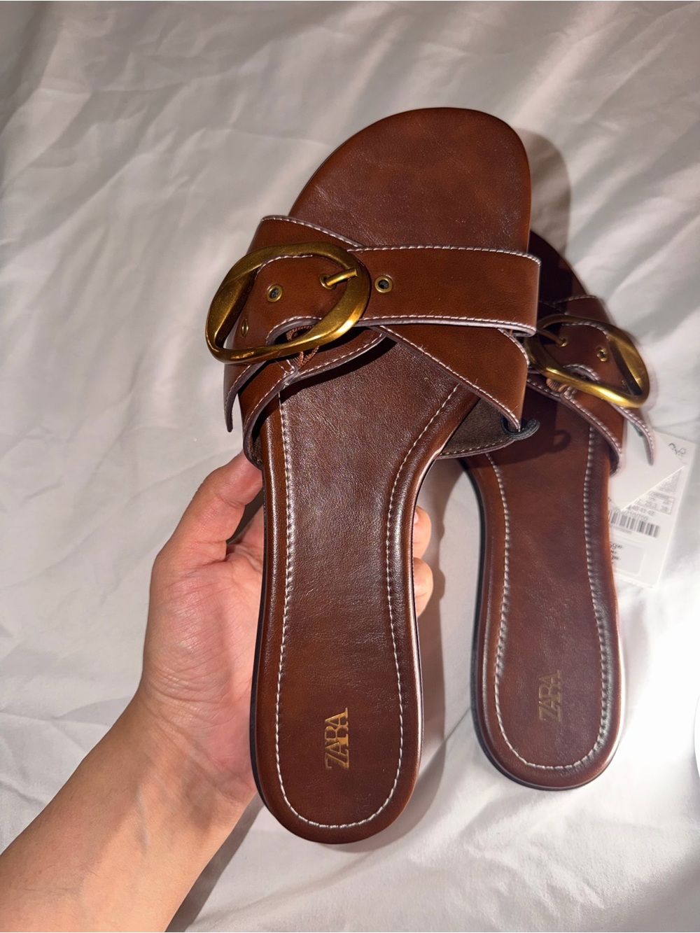 ZARA Brown Leather Slide Sandals with Brass-Tone Buckle - Picture 1 of 5